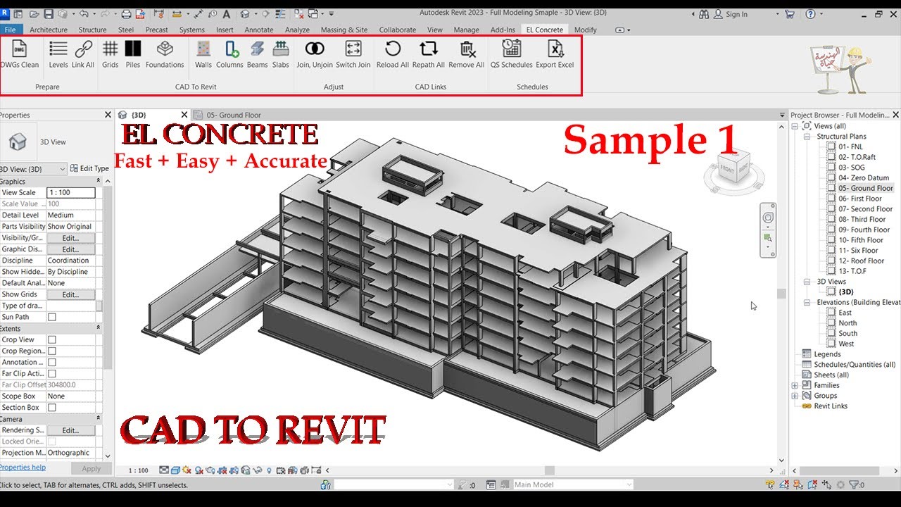 EL Concrete | CAD To Revit | Sample 1 | FULL PROJECT + QS  (Foundations, Columns, Beams, Slabs..)