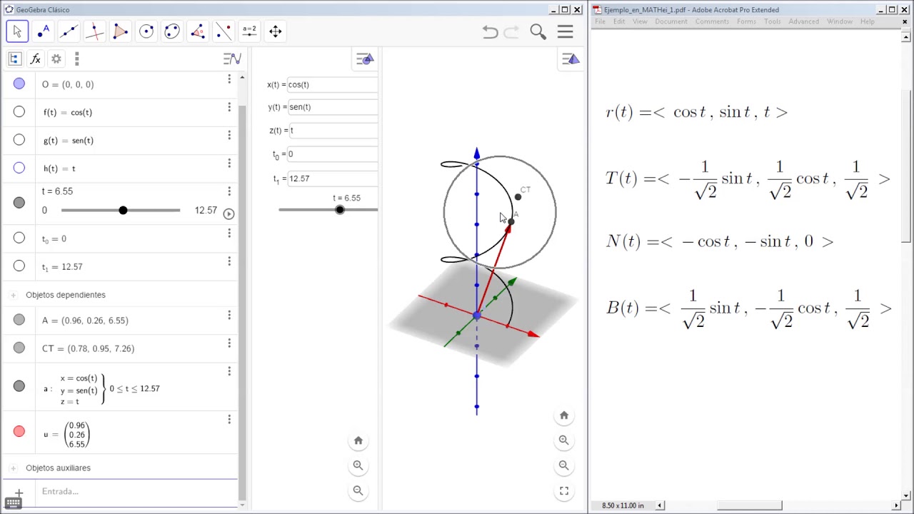 Vectores Tangencial, Normal y Binormal en Geogebra