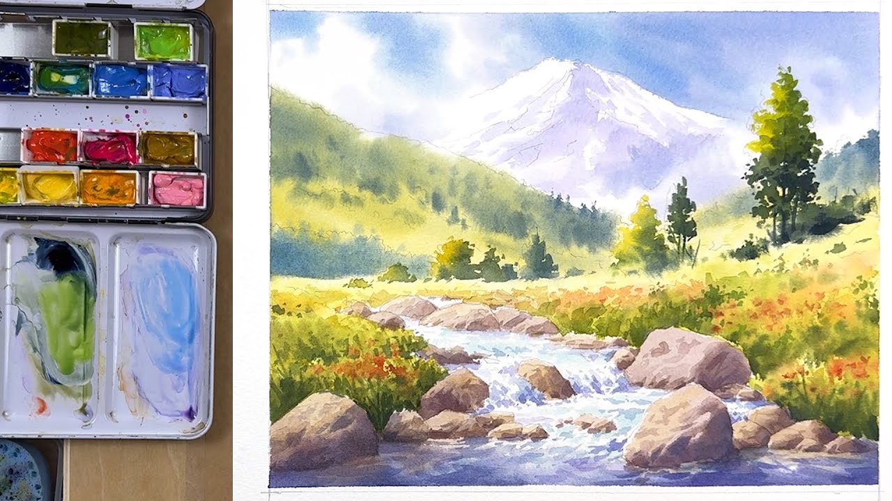Peaceful Watercolor Painting | Serene Mountain Stream Landscape