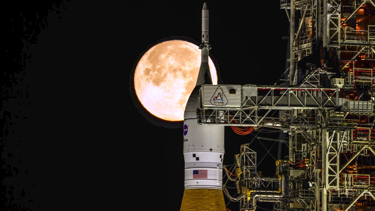 Full Moon Over Artemis II at Launch Pad 39B