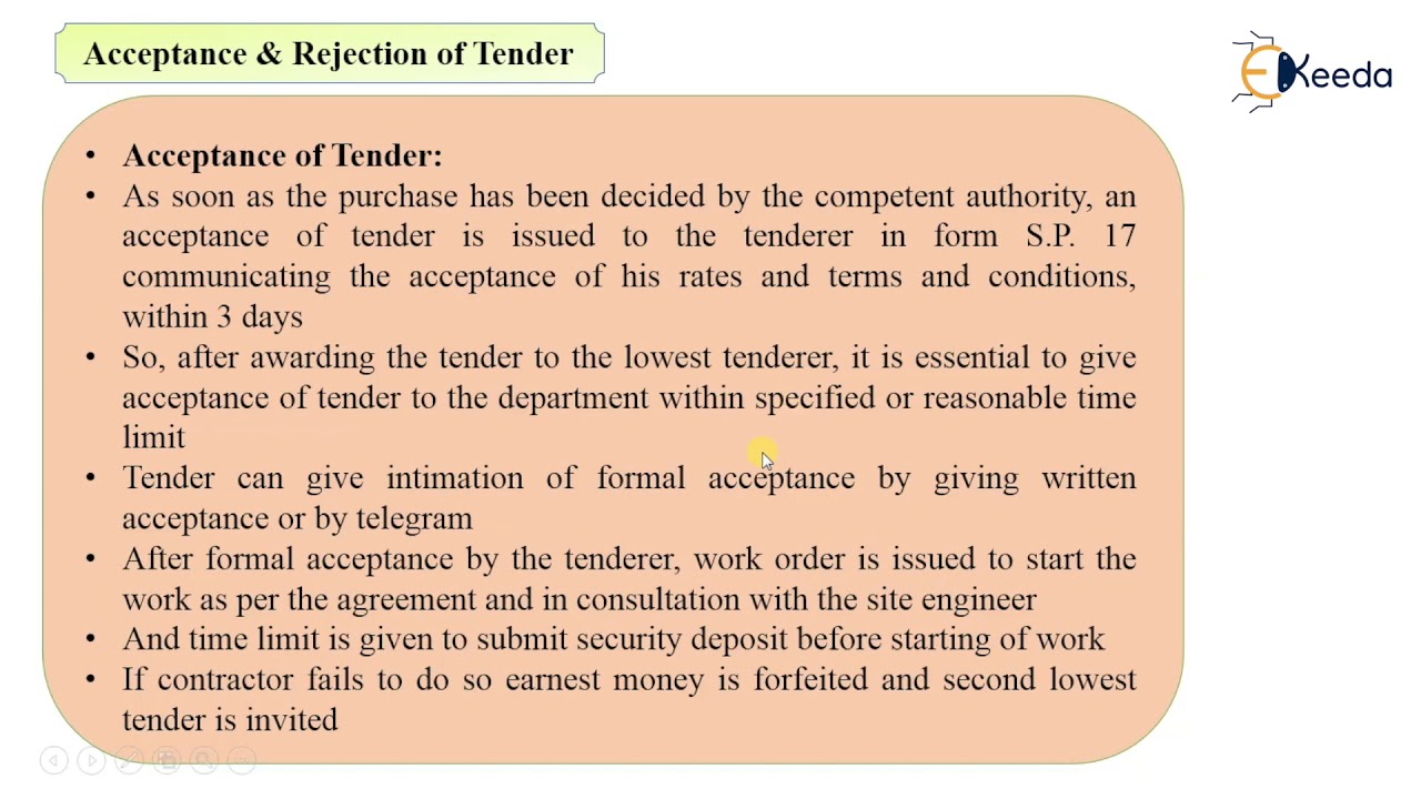 Acceptance and Rejection of Tender- Tenders and Contracts - Quantity Survey Estimation and Valuation