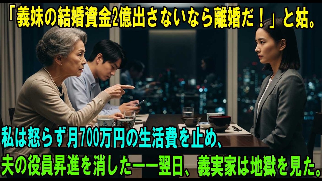 「義妹の結婚準備金2億ウォンを出さないなら離婚だ！」――姑の暴言。私は怒りもせず、その場で月700万円の生活費を打ち切り、夫の役員昇進のチャンスまで消し去った。翌日…。