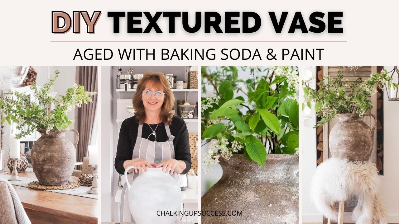 DIY textured vase aged with baking soda & paint