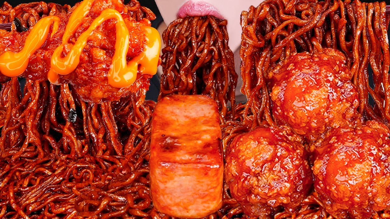 ASMR BBQ FRIED CHICKEN SPICY BLACK BEAN NOODLES SPAM FIRE SAUCE COOKING MUKBANG 양념치킨 먹방EATING SOUNDS