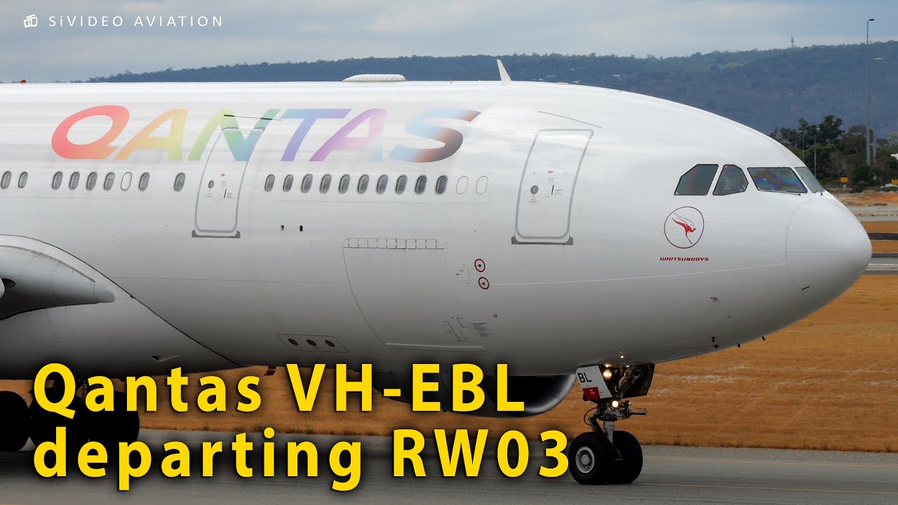 Qantas Airways (VH-EBL) departing RW03 at Perth Airport.
