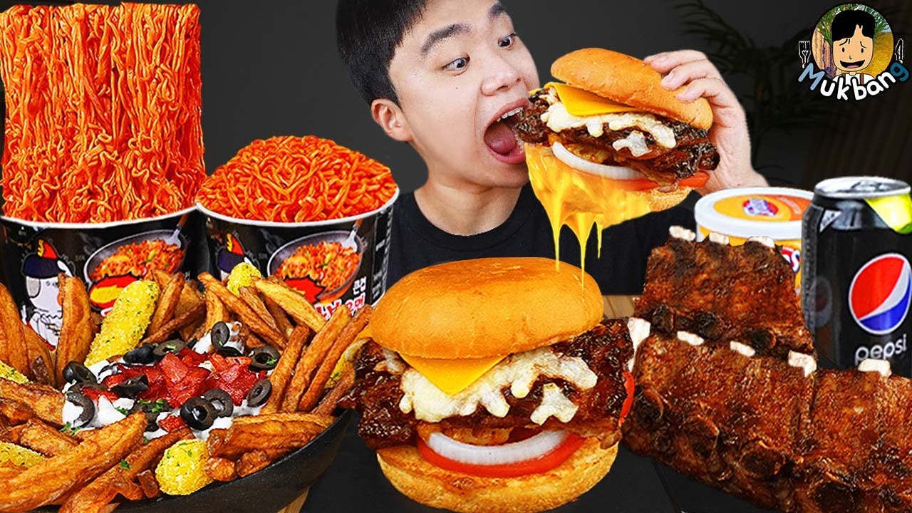 ASMR MUKBANG | гамбургер, Сырная палочка, Огненная лапша, хотдог рецепт блюда принимать пищу