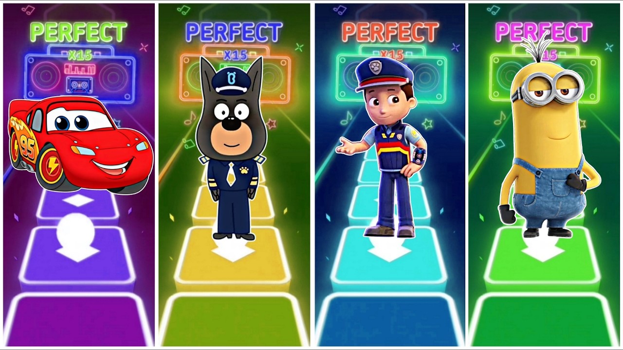 McQueen vs Sheriff Lablador vs Ryder vs Minions in Tiles Hop EDM Rush Game play🎶