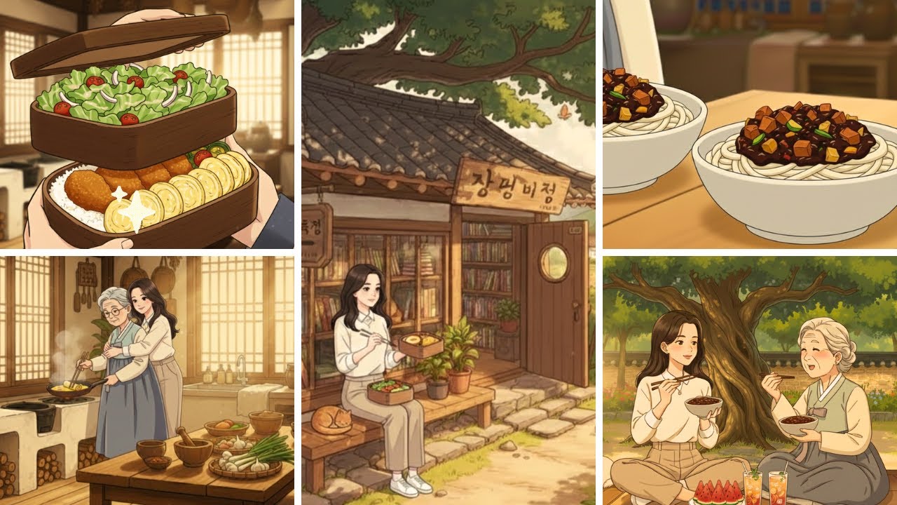 [ASMR] Grandma Cooks Jajangmyeon & Korean Bento | Slow Living Bookstore Life | Ghibli-style Video