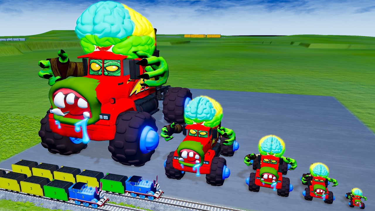 Giant EXCAVATOR TRAIN Mack Truck Eater VS Cars Lightning McQueen & Police Car - Beamng.Drive