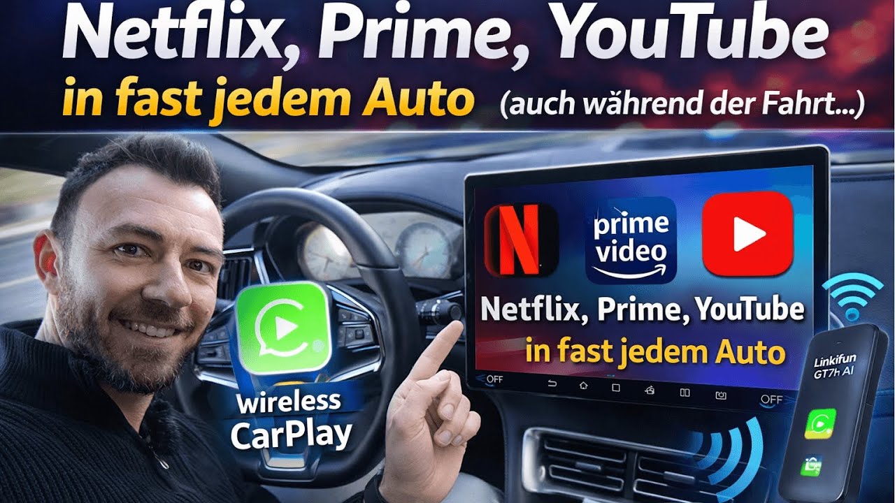 Filme schauen im Auto: So geht das! Netflix, Prime, Youtube & kabellos Carplay mit Linkifun GT7H AI