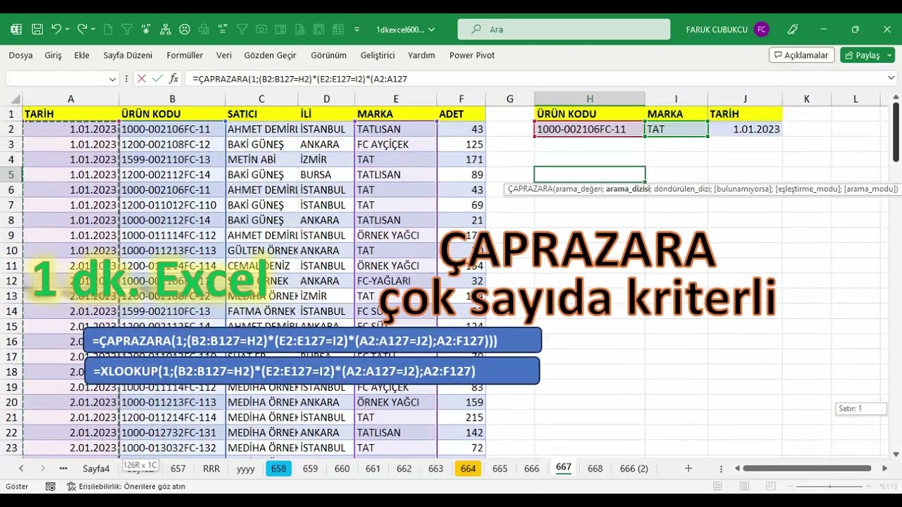 Excel 1 Dakika - Çok kriterleri ÇAPRAZARA