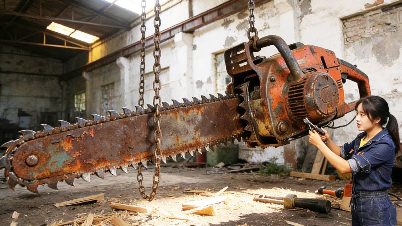 💡天才少女修复生锈损坏的大型电据，表面生锈内部零件崩坏，一周修复如新！动力比新买的还好用！A genius girl repairs a rusty chainsaw