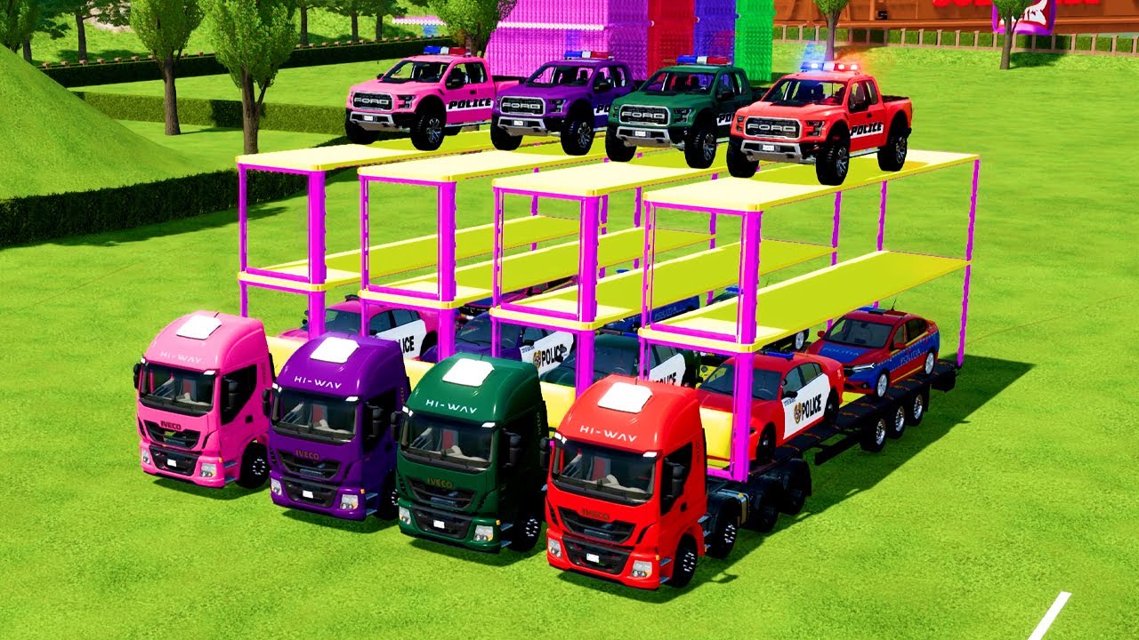Garage with Colors ALL IVECO WITH DOUBLE FLATBED TRAILER TRUCK, DACIA POLICE, DODGE SRT POLICE  FS22