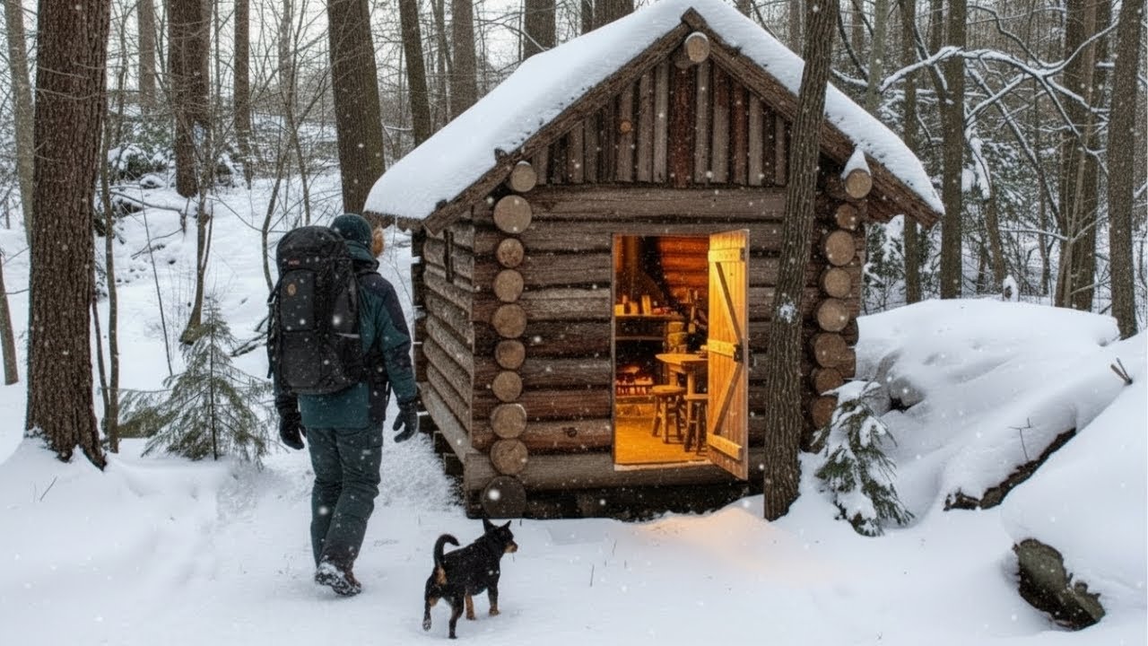 Solo Survival Camping in a Wooden Cabin — Winter Blizzard Night with My Dog | Nature ASMR