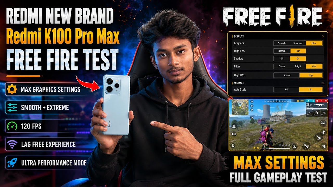 Redmi K100 Pro Max Free Fire Gaming Test | 120 FPS + MAX Graphics | Extreme Performance