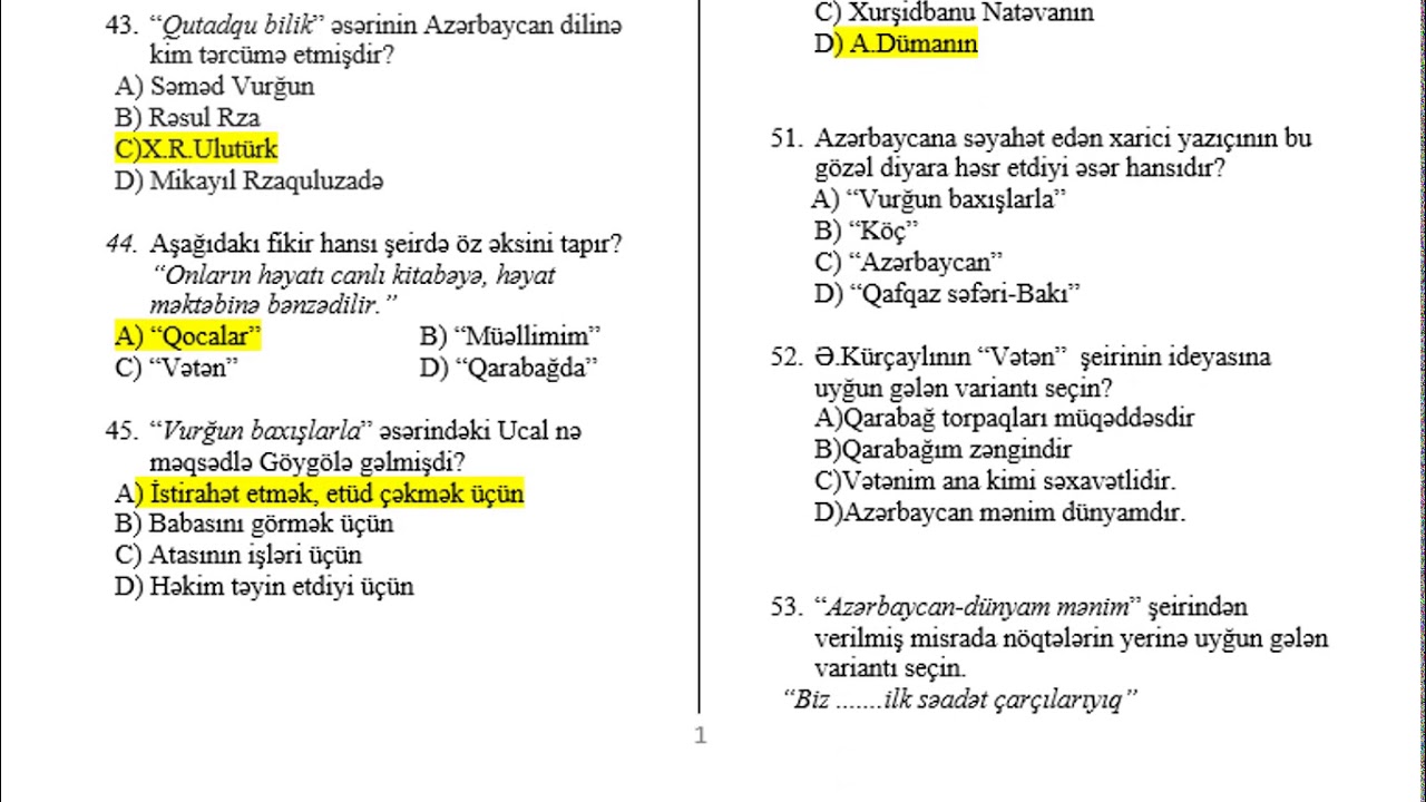 Ədəbiyyat 6-cı sinif BSQ-1 suallarının analizi