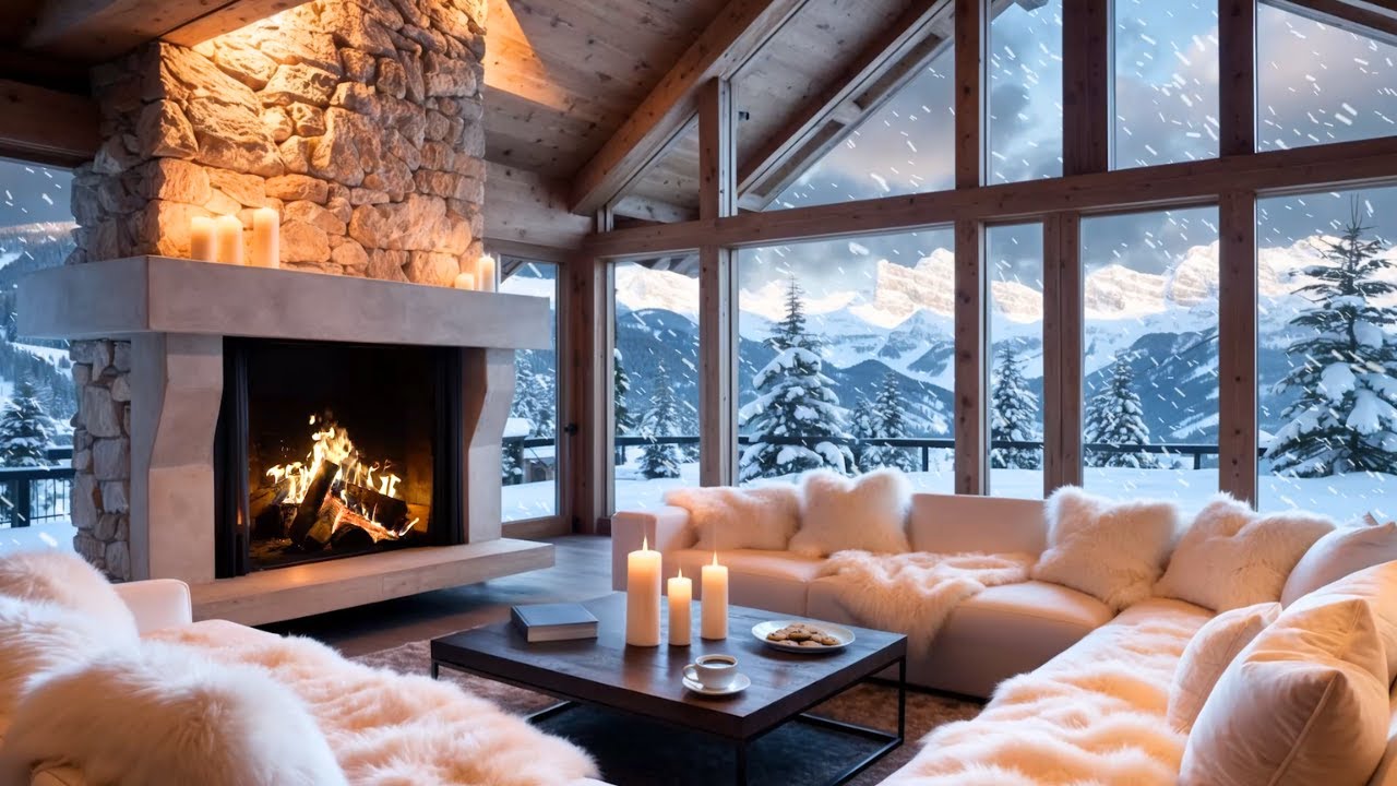Relaxing Cozy Ski Lodge Ambience – Crackling Fireplace & Winter Snowstorm in the Alps | Blizzard