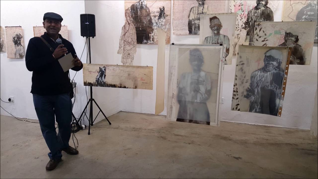 Dilip Menon delivering a speech at the opening of Hannelie Coetzee's exhibition Watermense