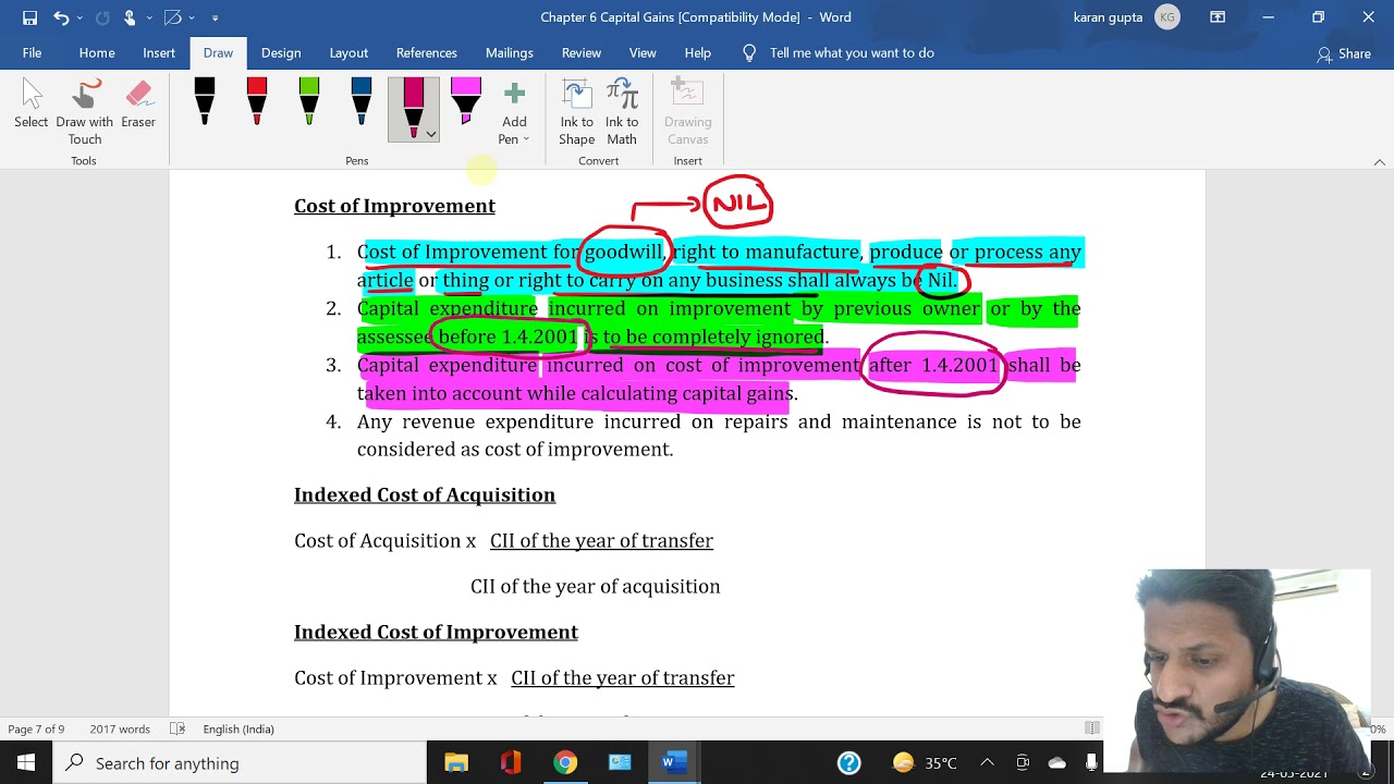 Capital Gains: Lecture 9 (Cost of Improvement & Indexation)