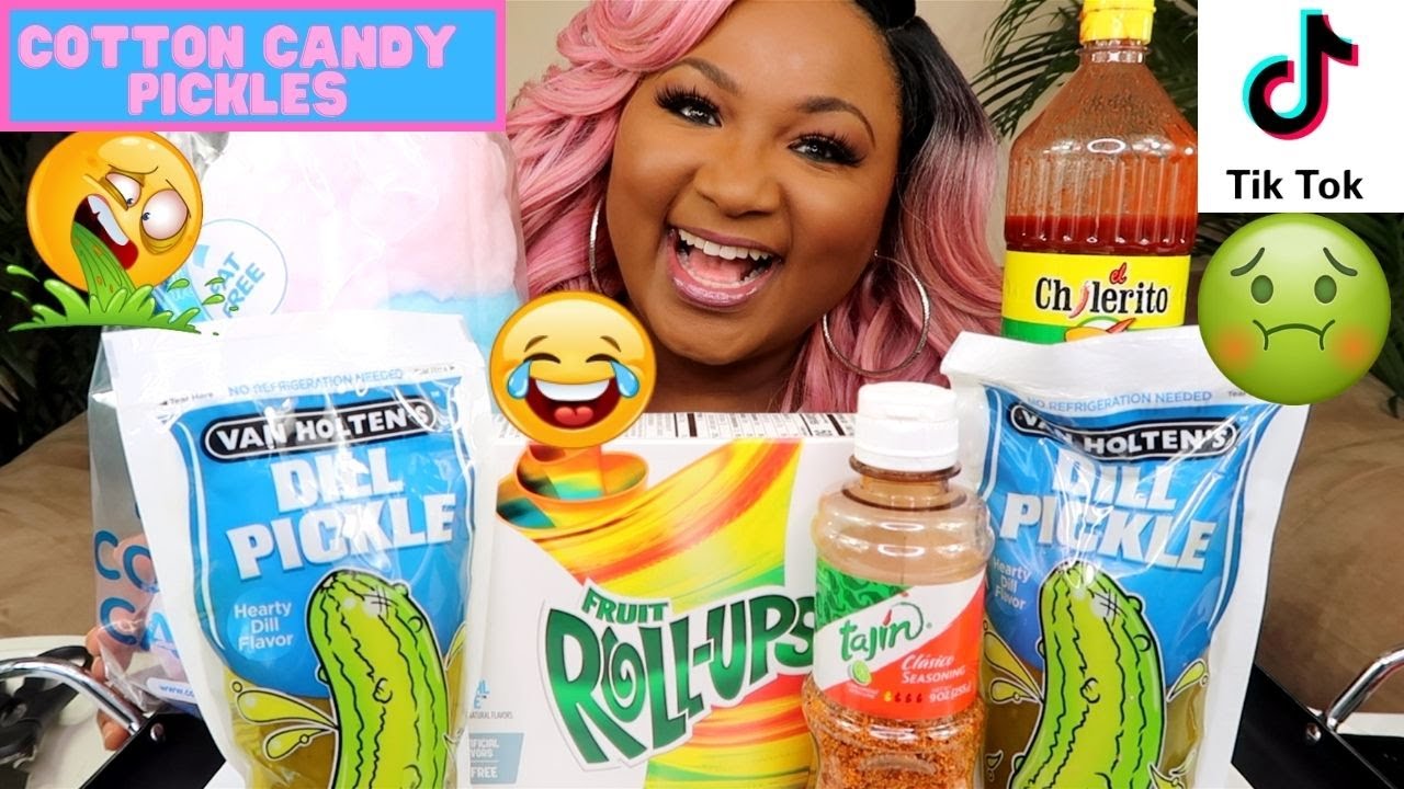 TRYING TIK TOK VIRAL FOOD , COTTON CANDY PICKLES + PICKLES ,  FRUIT ROLL UP , TAJIN , CHAMOY 먹방쇼