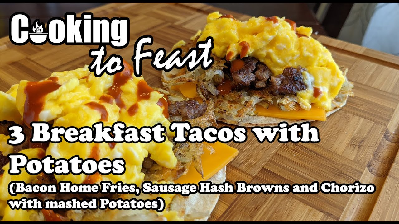 Three types of Breakfast tacos with potatoes - bacon, sausage and chorizo