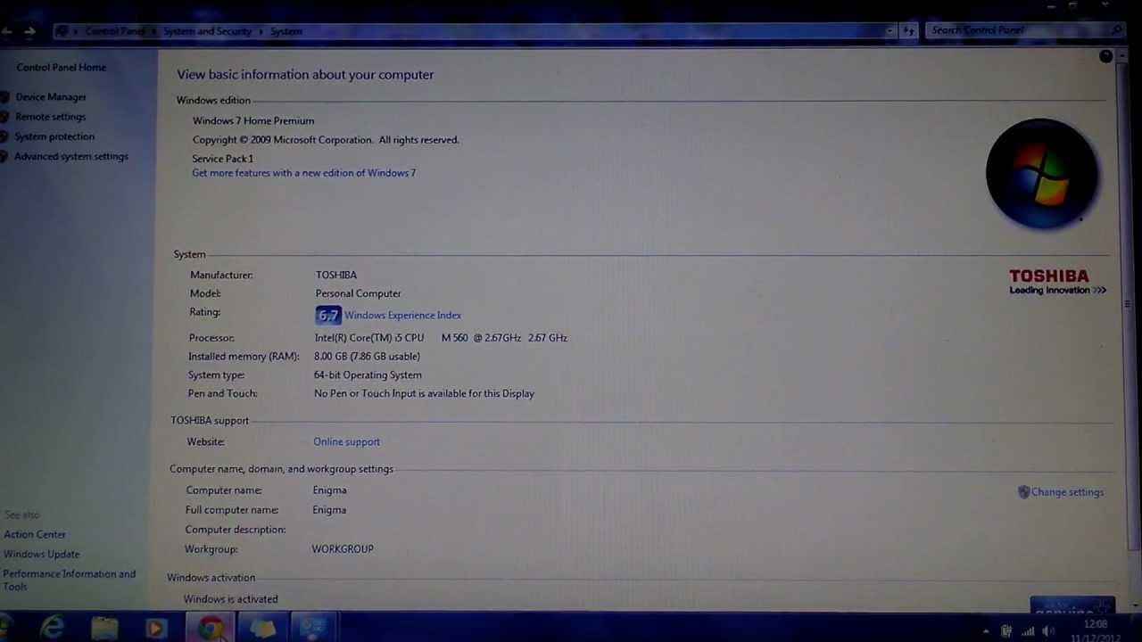 Toshiba L650 Intel I5 560M 2.66MHz up to 3.2 GHz Turbo, 8GB Ram Samsung 830 SSD Windows Index Score