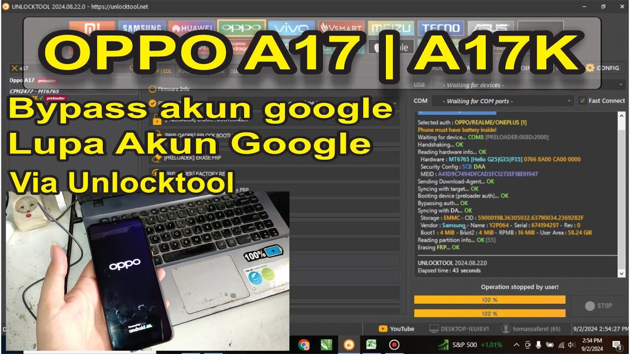 Bypass Frp OPPO A17 | A17K Lupa Akun Google Via Unlocktool ON Click Terbaru