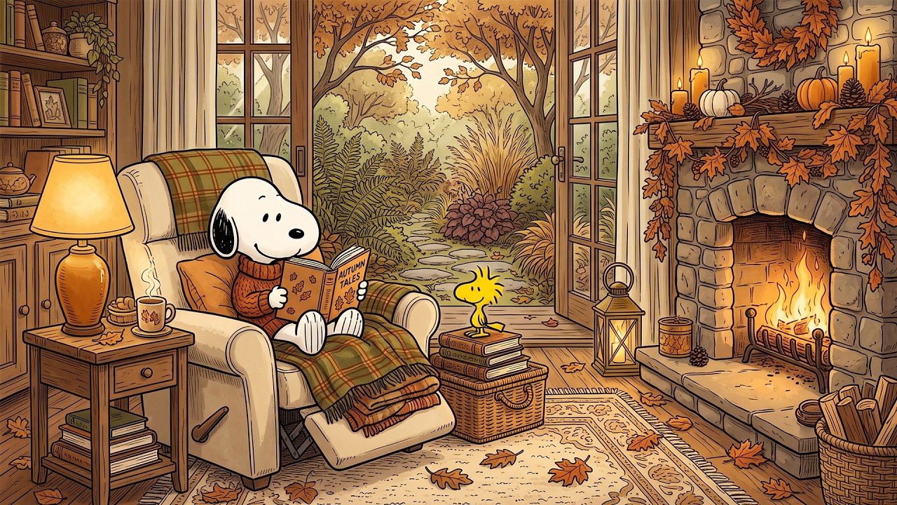 Cozy Fireplace Jazz with Snoopy 🍂 Autumn Reading Nook Ambience for Study, Work & Relaxation