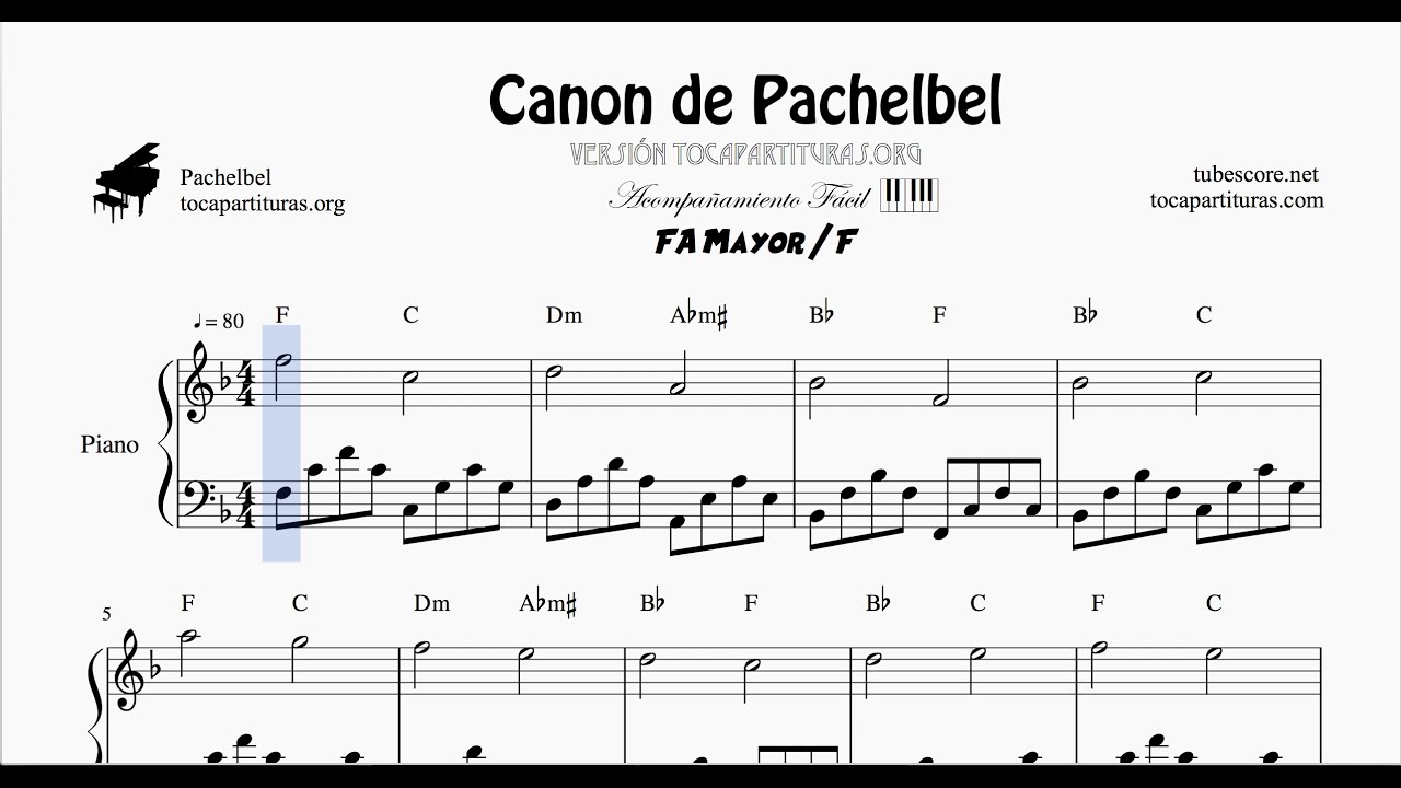 Pachelbel's Canon in F Major F Version Piano Sheet Music with Easy Accompaniment with Chords