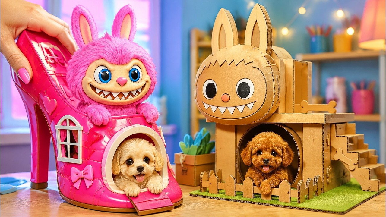 Shoe Or Cardboard Labubu House? 👠🏡 *We Found A Puppy And Built A House For Them*