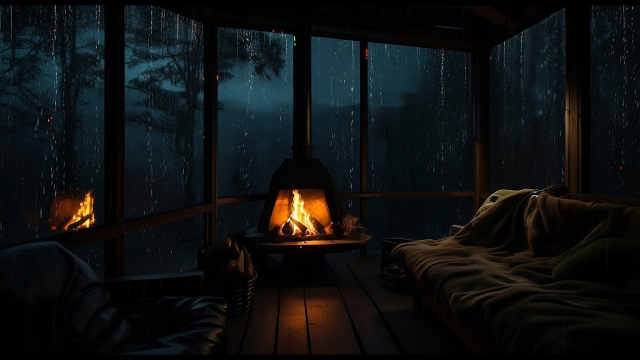 Rainy in Cabin Night Ambience with Crackling Fireplace & Rain Sounds for Sleeping