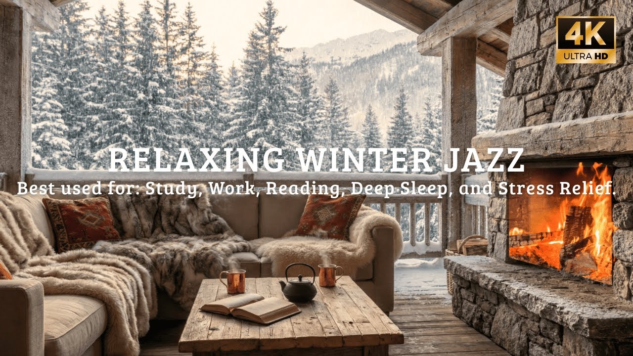 🔴 Tranquil Winter Retreat ❄️ Warm Jazz Piano & Fireplace for Relaxing Focus