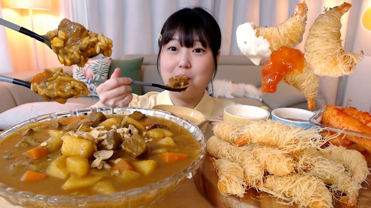 카다이프 두른 새우튀김🍤큼지막한 감자가득 소고기카레라이스 총각김치 먹방 Fried Kadayif Shrimp Curry Rice Kimchi Koreanfood Mukbang