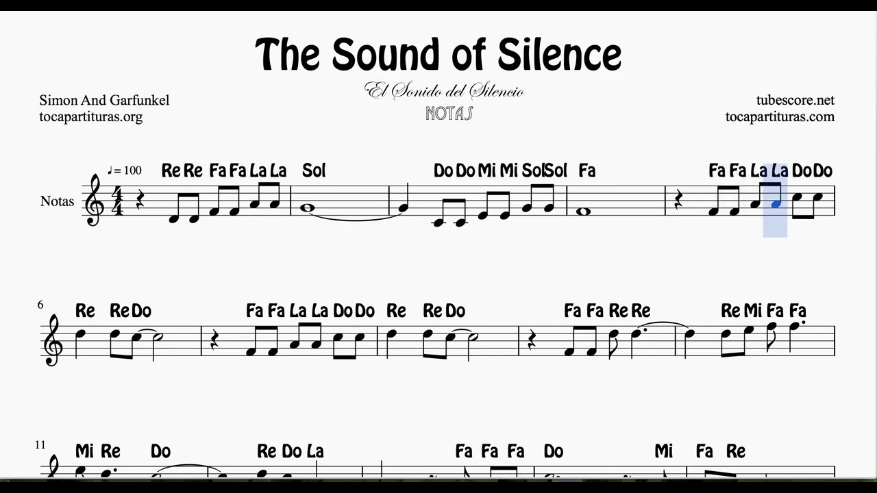 El Sonido del Silencio Partitura con Notas en letra Violin Flautas Oboes