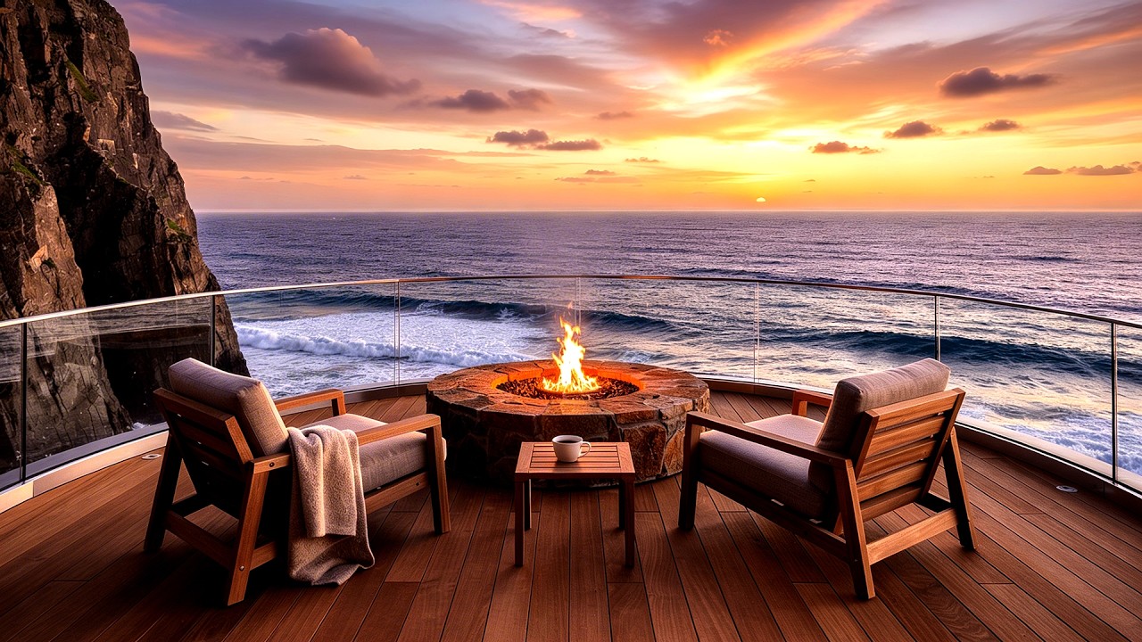 Cozy Ocean Terrace at Sunset | Gentle Waves & Calm Fire Ambience | 1 Hour