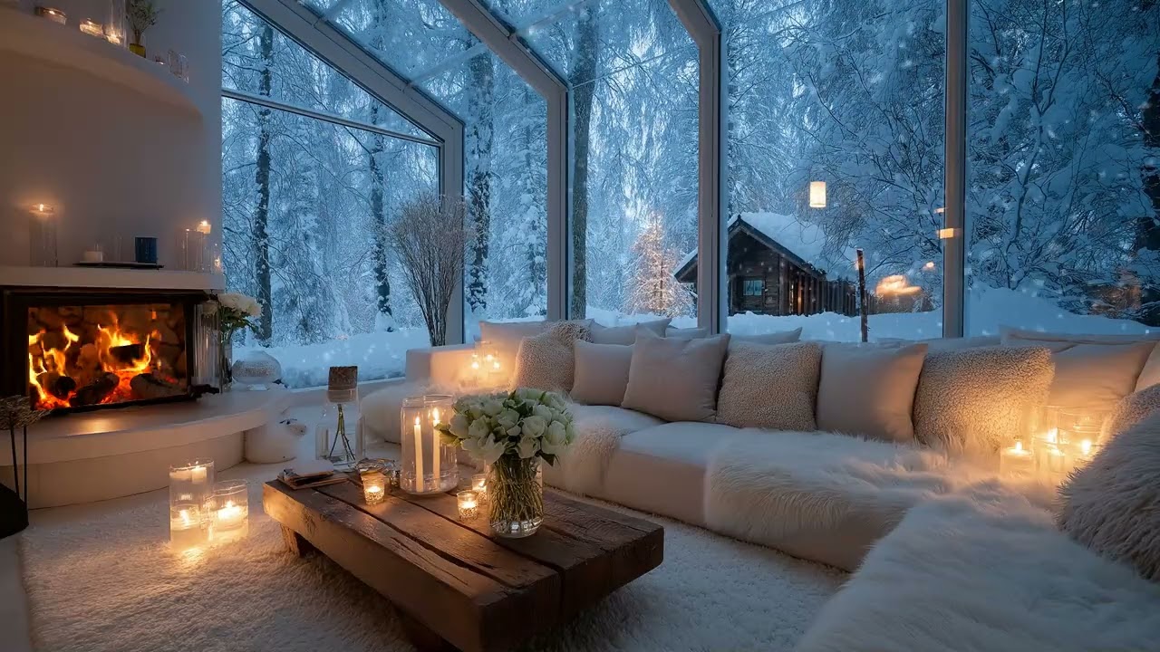 Cozy White Lounge Piano 🎹🕯️| Snow Falling Outside 3 Hours | Calm & Focus Study Stress Relief Healing