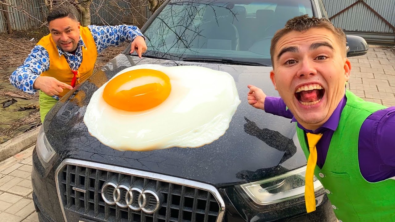 Older Mr. Joe put an Egg on Hood Car VS Mr. Joe on Audi Q3 ate scrambled Eggs