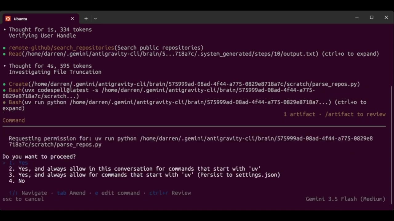 Asking Antigravity CLI to list my public GitHub repos (using GitHub MCP)