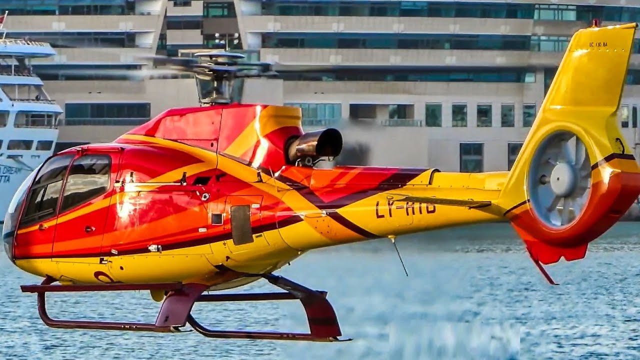 Eurocopter EC130 B4 LY-HTB (now EC-NKU) fly by at Barcelona heliport