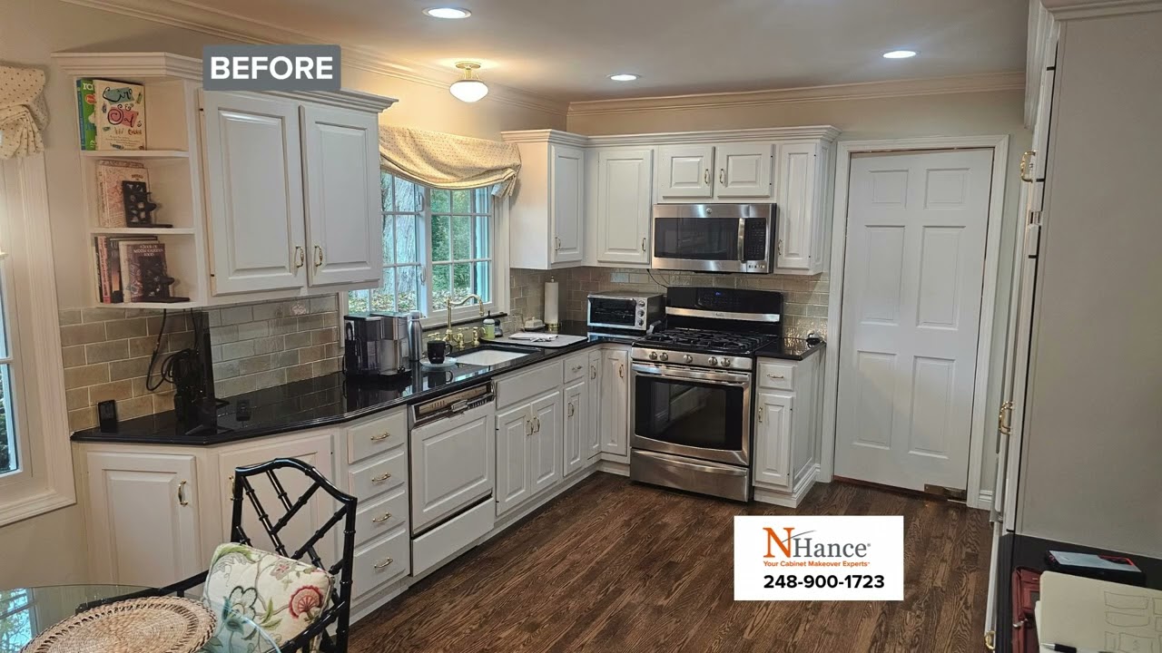 **Before & After &mdash; White Cabinets to Rich Brown**  Swipe to see the transformation: these cabinets w