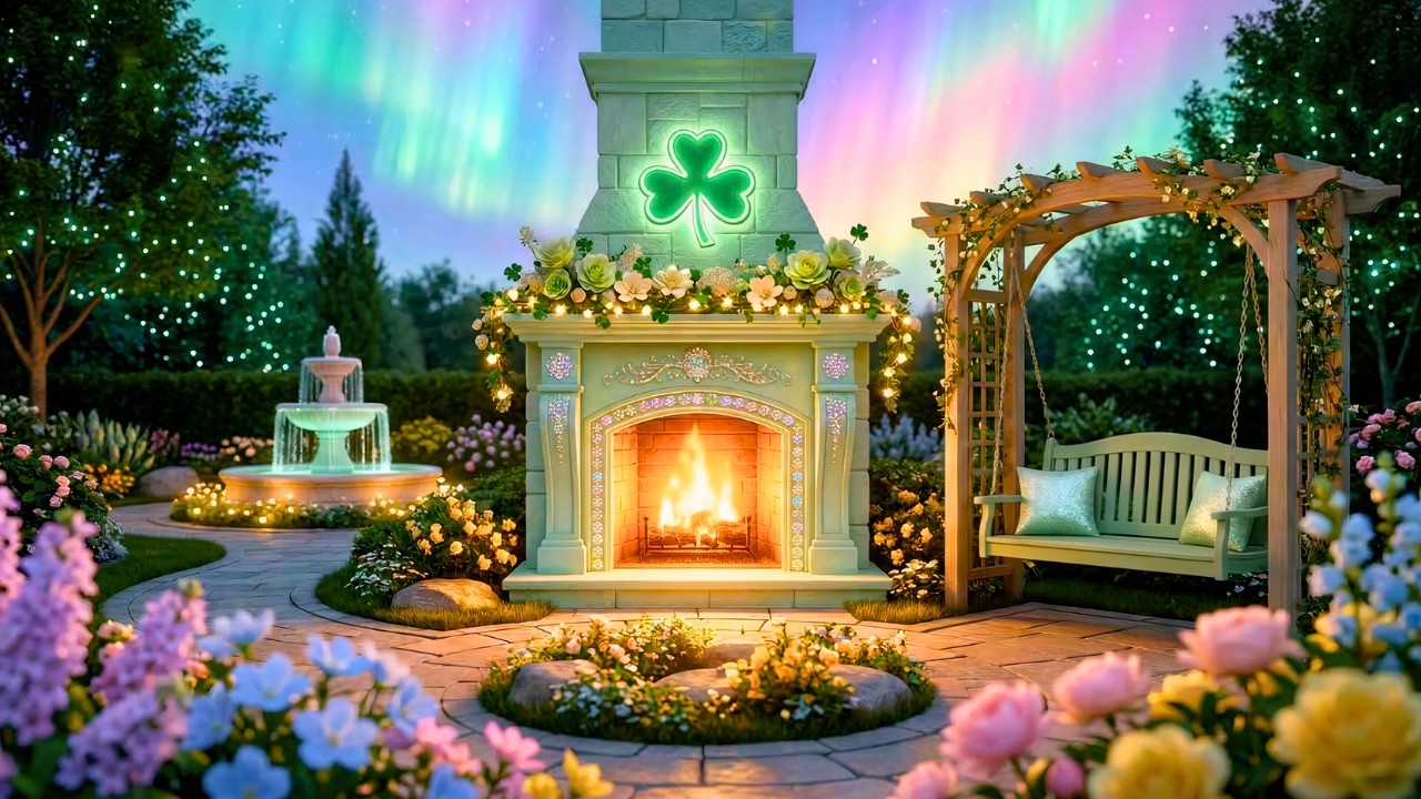 St Patrick’s Day Spring Garden Ambience ☘️ Cozy Fireplace & Relaxing Celtic Music | 4K