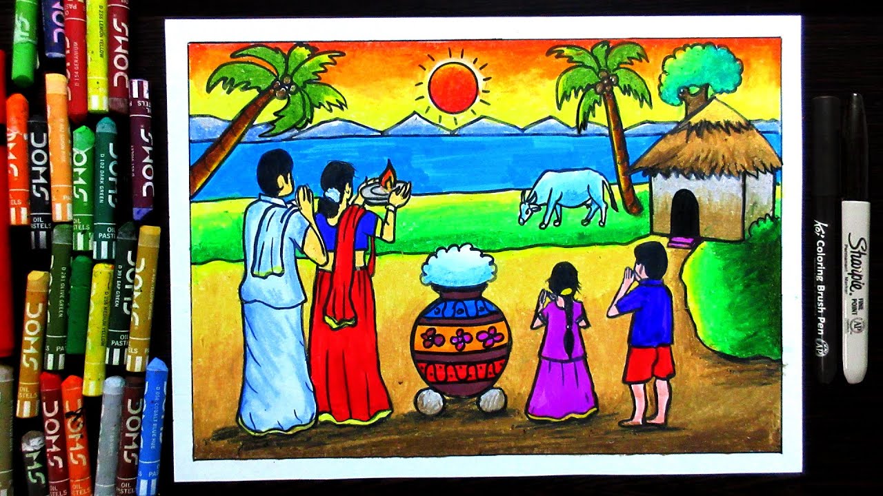 How to Draw Easy Pongal Festival Drawing Competition for Beginners and School Students