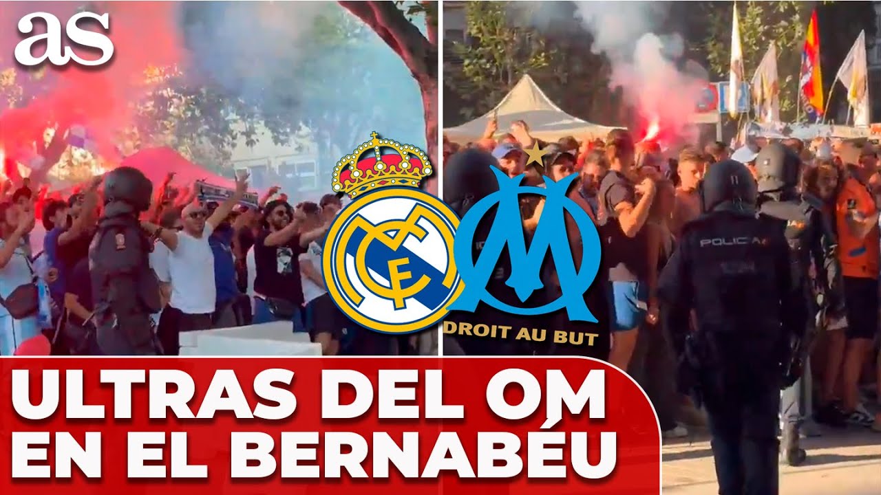 ULTRAS del MARSELLA llegan al BERNABÉU con INSULTOS y BENGALAS bajo fuerte CUSTODIA POLICIAL