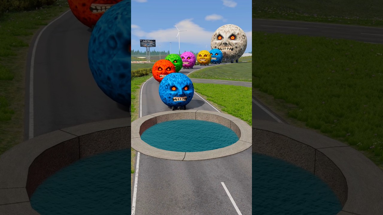 Big & Small Moon Cars vs Giant Water Pit #3- BeamNG.Drive