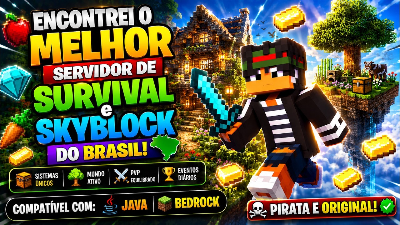 ENCONTREI O MELHOR SERVIDOR DE SURVIVAL e SKYBLOCK do BRASIL para MINECRAFT JAVA e BEDROCK