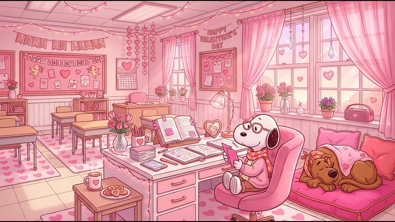 Snoopy Valentine Decorated Corner Desk 📖💞 Jazz Classroom Music for Reading, Concentration, Study