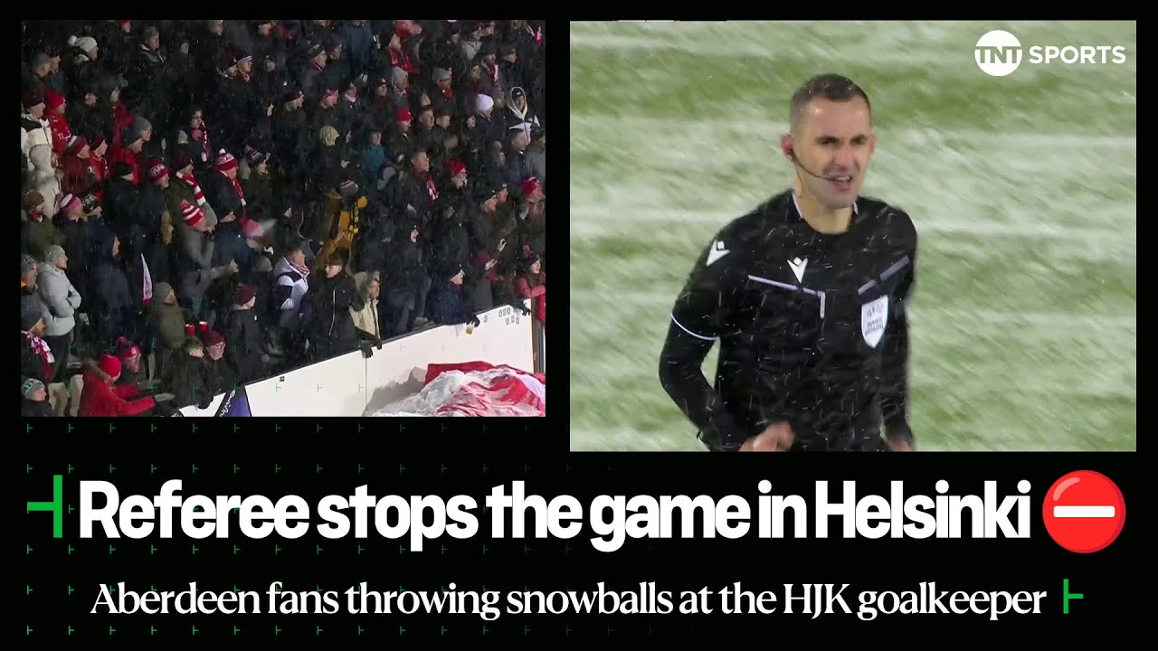Aberdeen fans throw snowballs at HJK Helsinki goalkeeper to halt Europa Conference League clash ❄️❌