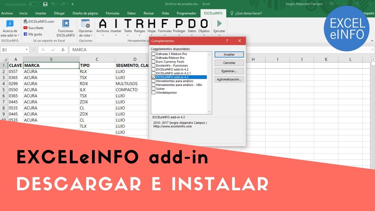 Instalar EXCELeINFO add-in para Excel