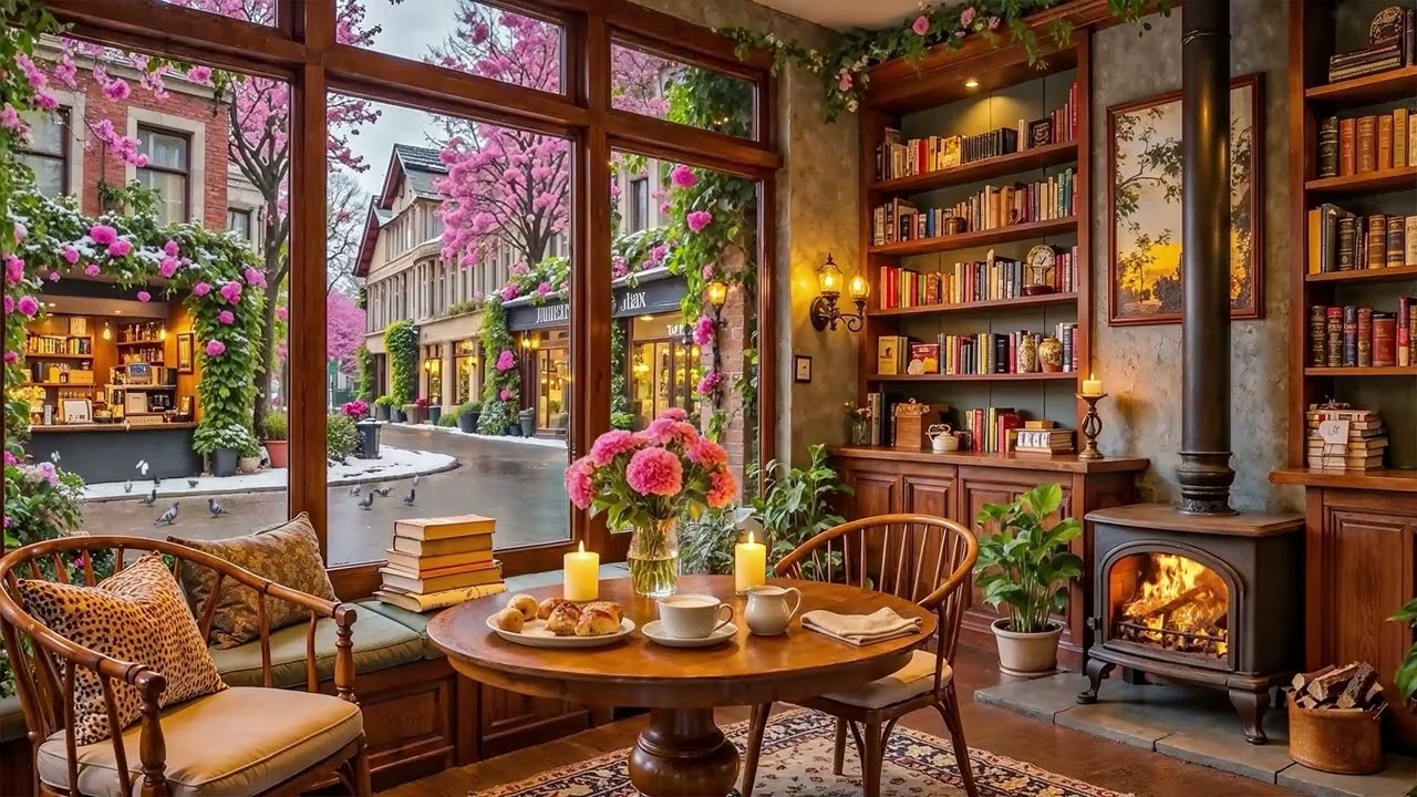 Relaxing Jazz Coffee Shop Ambience 🌺 Exquisite Spring Scene with Fireplace Sounds for Study & Work