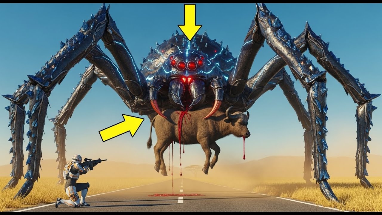 Giant Armored Spider Attacks Buffalo Calf on African Road — Soldier’s Daring Rescue! 🕷️🐃🔥